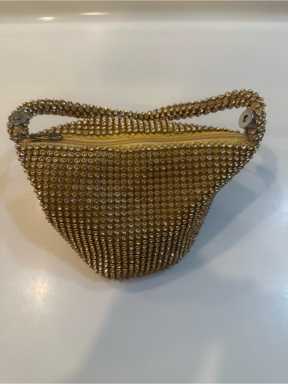Gold Rhinestone Mini Wristlet Handbag Crystal Mesh Evening Clutch Zip Snap 7x5